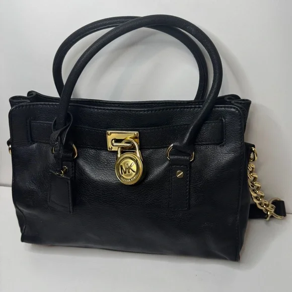 Michael Kors Hamilton Medium Saffiano Leather Handbag w Gold Rock Black - Picture 1 of 11